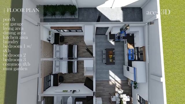 Simple Bungalow House Design (7 x 12 meters, 84sqm.| 3 bedrooms) | 3D  walkthrough