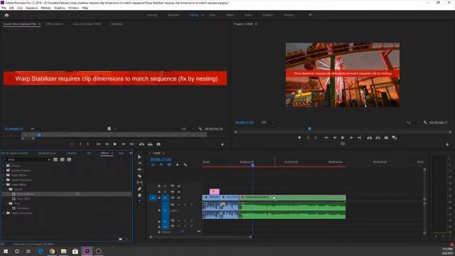 Warp stabilizer requires clip dimensions to match sequence