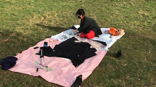 Painting on Kimono in Hyde park, RCA GD Kimono project 2023.