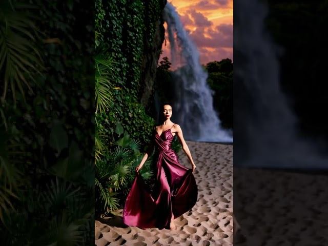 “Graceful Moments by the Waterfall: A Sunset in Motion”