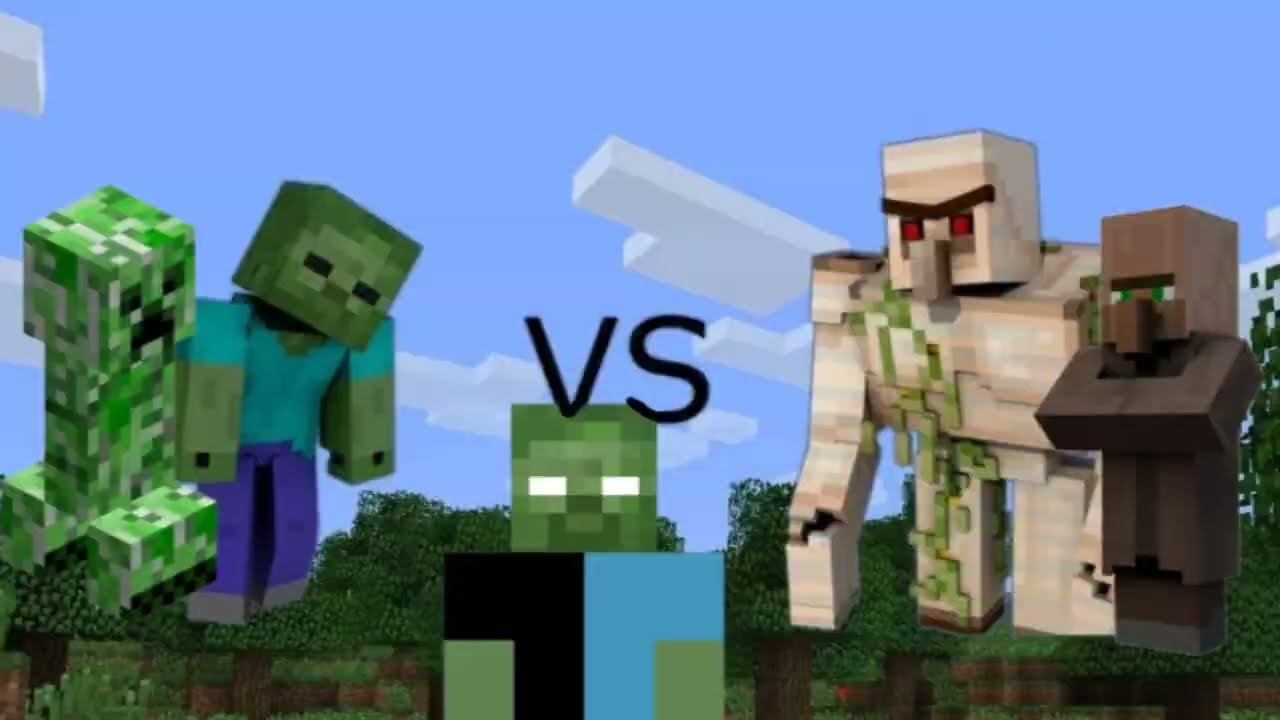 Какая команда сельнее Жители и Големы против Зомби и Криперов в Майнкрафт