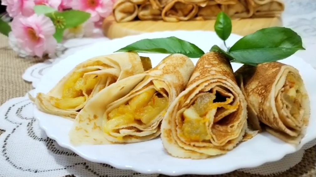 БЛИНЧИКИ с Яблочно- апельсиновой начинкой/ Блины, Масленица/ Тонкие блинчики на молоке
