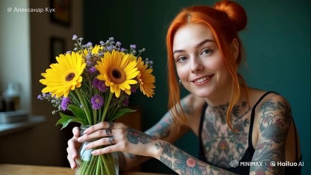 Рыжая красавица с цветами