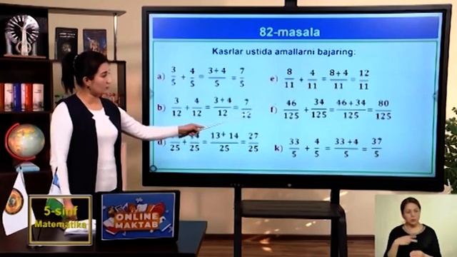5-sinf | Matematika | 60-dars | Bir xil maxrajli kasrlarni qo'shish