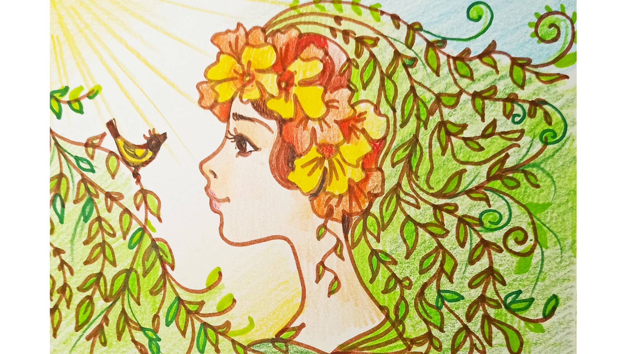 Девочка-весна. Рисунок маркерами и цветными карандашами.