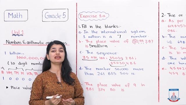 Class 5 - Mathematics - Chapter 01 - Lecture 1 - Exercise 1a (Q1 -Q2) - Allied School