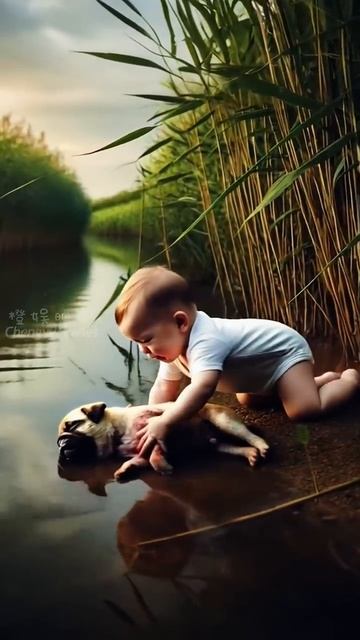 Lovely baby lost mother by Crocodile , poor pug rescued him#rescue #story #cute #cuteanimal #anmals