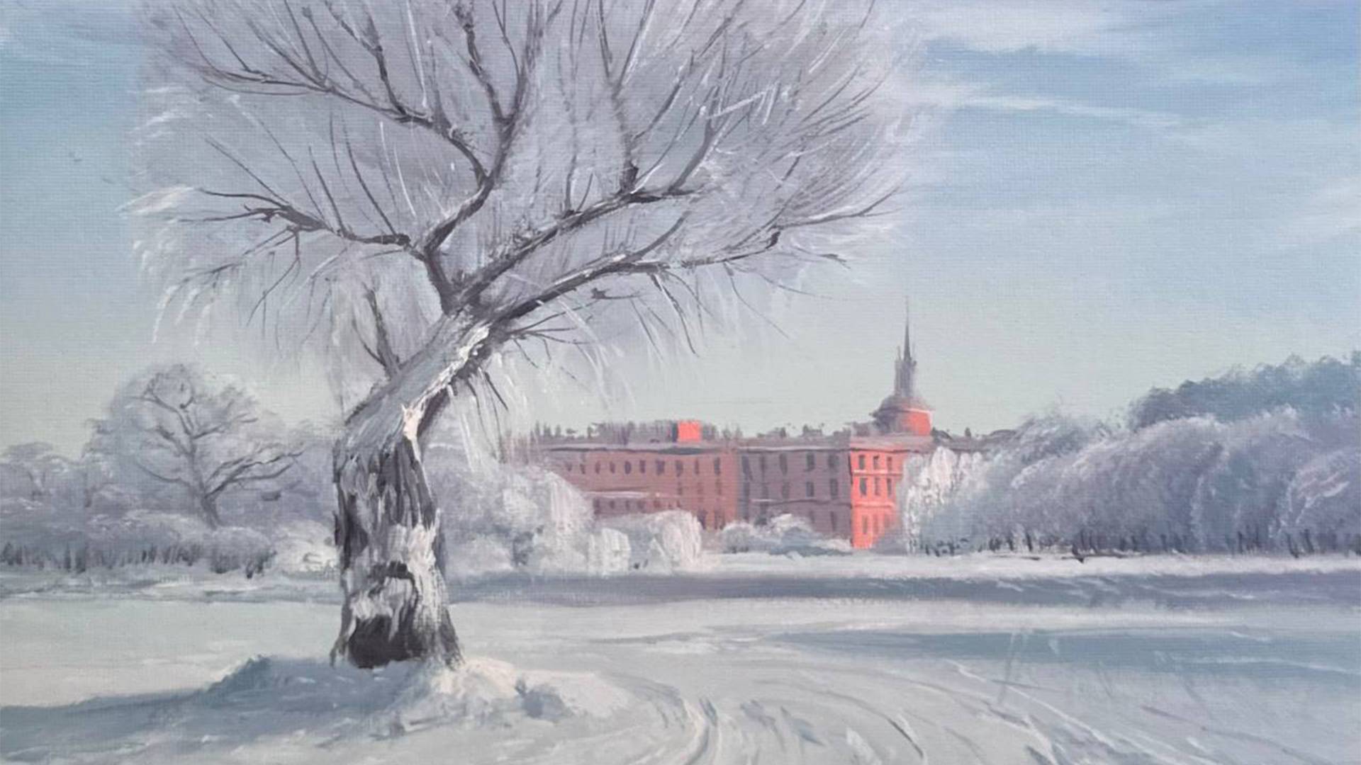ЗИМНИЙ ПЕЙЗАЖ САНКТ-ПЕТЕРБУРГ | Михайловский замок и Марсово поле | OIL PAINTING TIME LAPSE