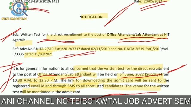 NIT Recruitment Notification | Office Attendant & Lab Attendant Examination 2022 | 5th June 2022
