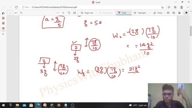 The two blocks in an Atwood machine have masses2.0 kg and 3.0 kg. Find the work done by gravity