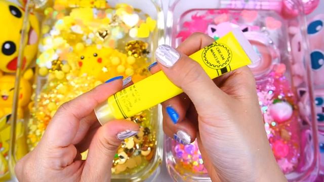 "Pink vs Yellow" Pokemon "Pikachu vs Purin" Slime Mixing Random things into slime #ASMR  #포켓몬슬라임