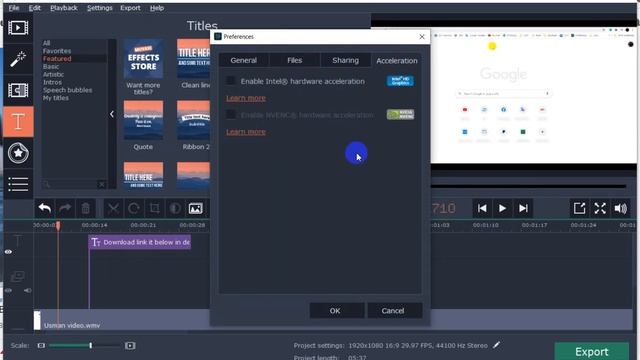 Movavi can't export to project beacuse of a problem with the intel graphics chip