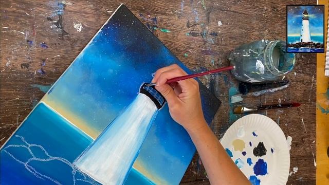 How To Paint A "Lighthouse At Night" - Acrylic Painting Tutorial For Beginners