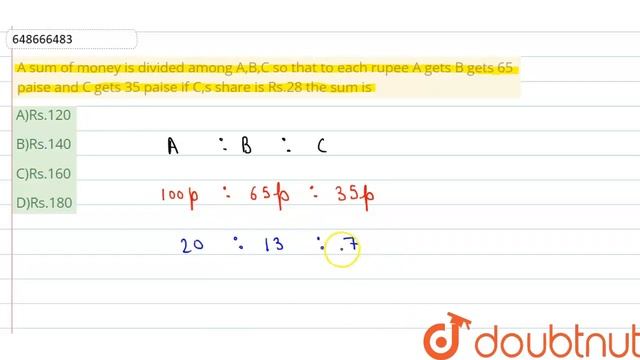 A sum of money is divided among A,B,C so that to each rupee A gets B gets 65 paise and C gets 35...