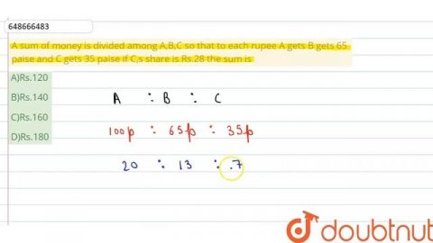 A sum of money is divided among A,B,C so that to each rupee A gets B gets 65 paise and C gets 35...