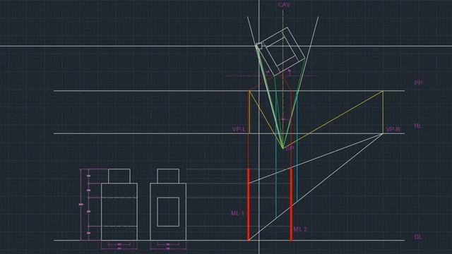 Two  Vanishing point Perspective   Complex Shapes and height of station point