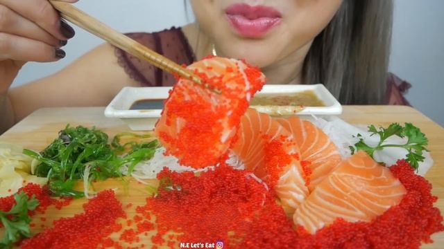 Raw Atlantic Salmon Sashimi with Tobiko Eggs *No Talking Popping Relaxing Eating Sounds| N.E