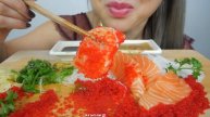 Raw Atlantic Salmon Sashimi with Tobiko Eggs *No Talking Popping Relaxing Eating Sounds| N.E