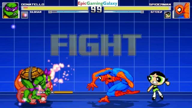 Bulbasaur The Pokemon And Donatello VS Buttercup The Powerpuff Girl And Spider-Man In A MUGEN Match