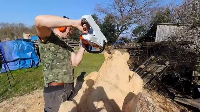 Мастер делает кабана и собаку из цельного куска дерева. Работа бензопилой STIHL и HUSQVARNA