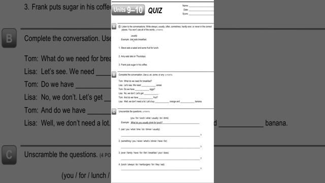 Interchange Fifth Edition Intro Level Assessment Written Quiz Unit9-10