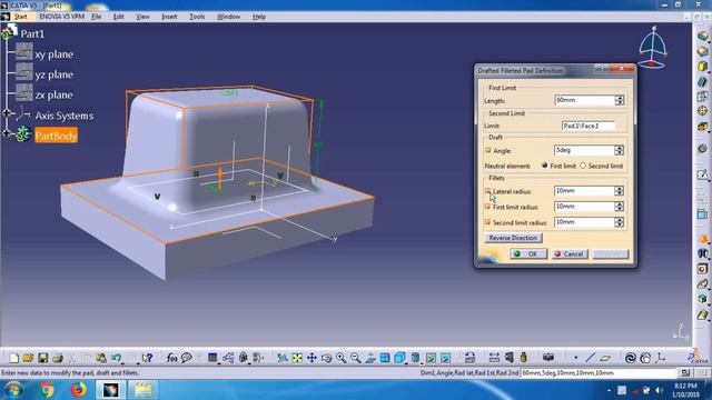 drafted filleted pad in catia