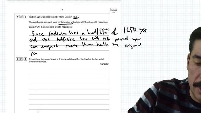 AQA Physics trilogy Specimen Paper 1 Q2 Radioactivity and half life