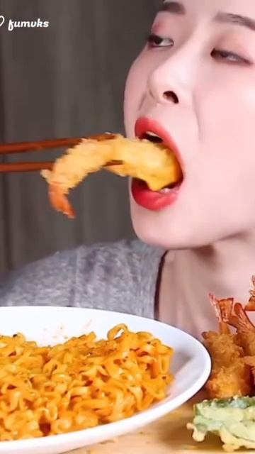 Asmr Mukbang Spicy Noodles & Fried Shrimp