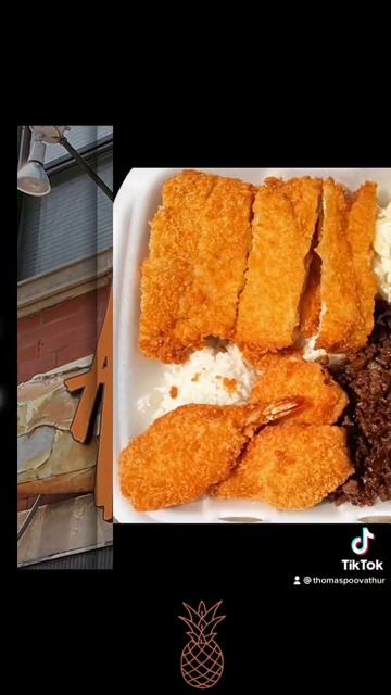 Chicken Katsu, Hawaiian BBQ Beef and Fried Shrimp on top of Mac Salad and Rice from Aloha Eats