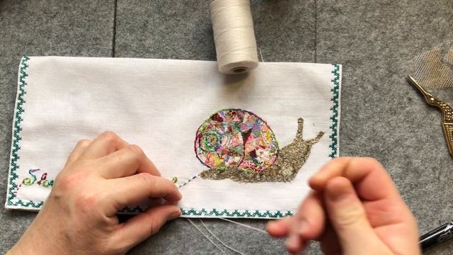 #inspiredbyartcollab finishing my slow stitch bumble bee and snail craft room door hanging