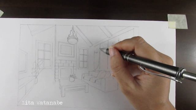Drawing a cozy LIVING ROOM in winter ? 2 point perspective