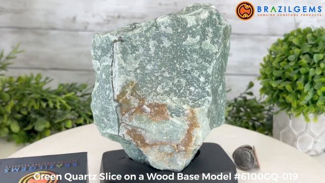 Model # 6100GQ-019 Green Quartz Slice on a Wood Base by BrazilGems.com 🏷 FOR SALE🛍🛒Shop Now