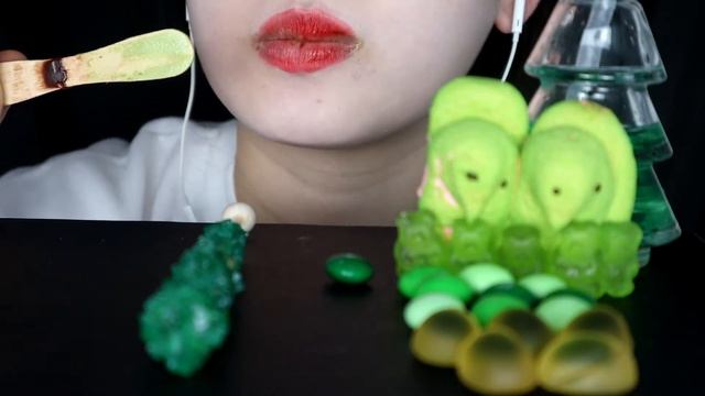 GREEN DESSERT ROCK CANDY, GREENTEA CHOCOLATE VANILA MACARON, PLUM JELLY, PEEPS MASHMELLOW, M&N MINT