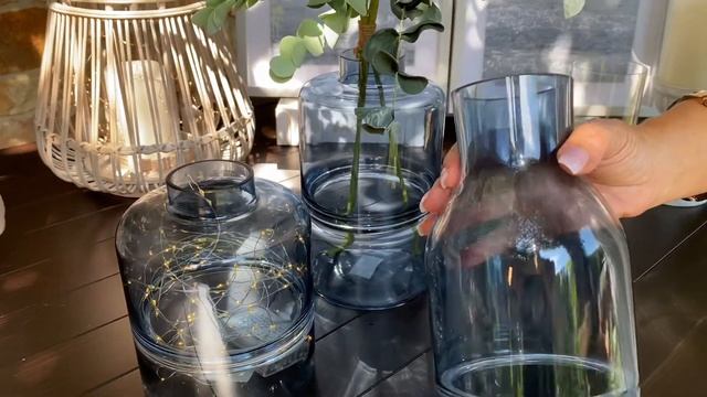 Set of 3 Blue Glass Tapered Neck Vases with Inlayed Strips