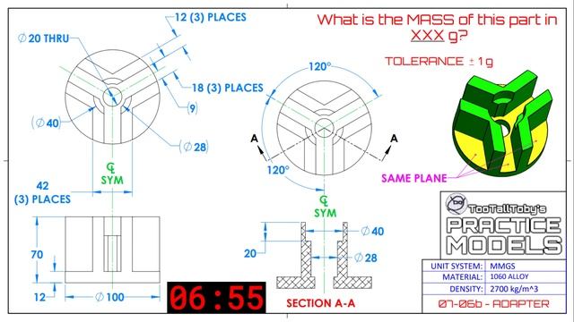 3DCAD SolidWorks Onshape Fusion360 Practice Drawing - 07-06b - ADAPTER