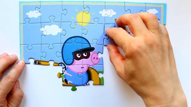 Свинка Пеппа Джордж на гоночной машине собираем пазлы для детей с героями мультика свинка пеппа
