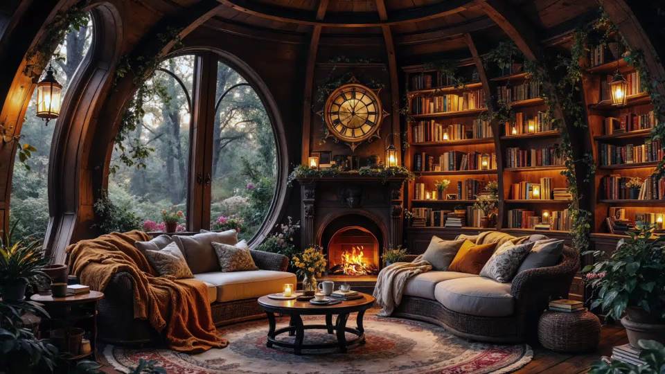Спокойный джаз для расслабления и чтения Cozy Reading Ambience Evening by the Fireplace in Spring