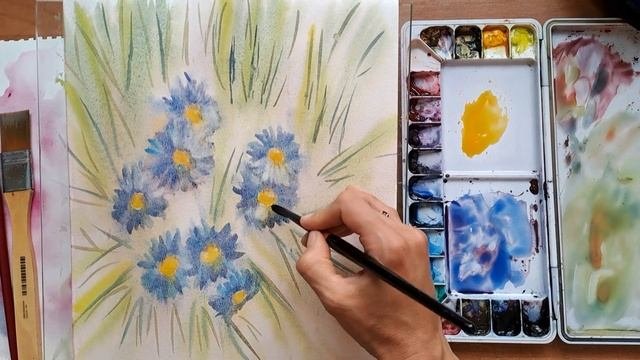 Рисую цветыальпийский луг акварелью. How to draw flowersalpine meadow with watercolor.