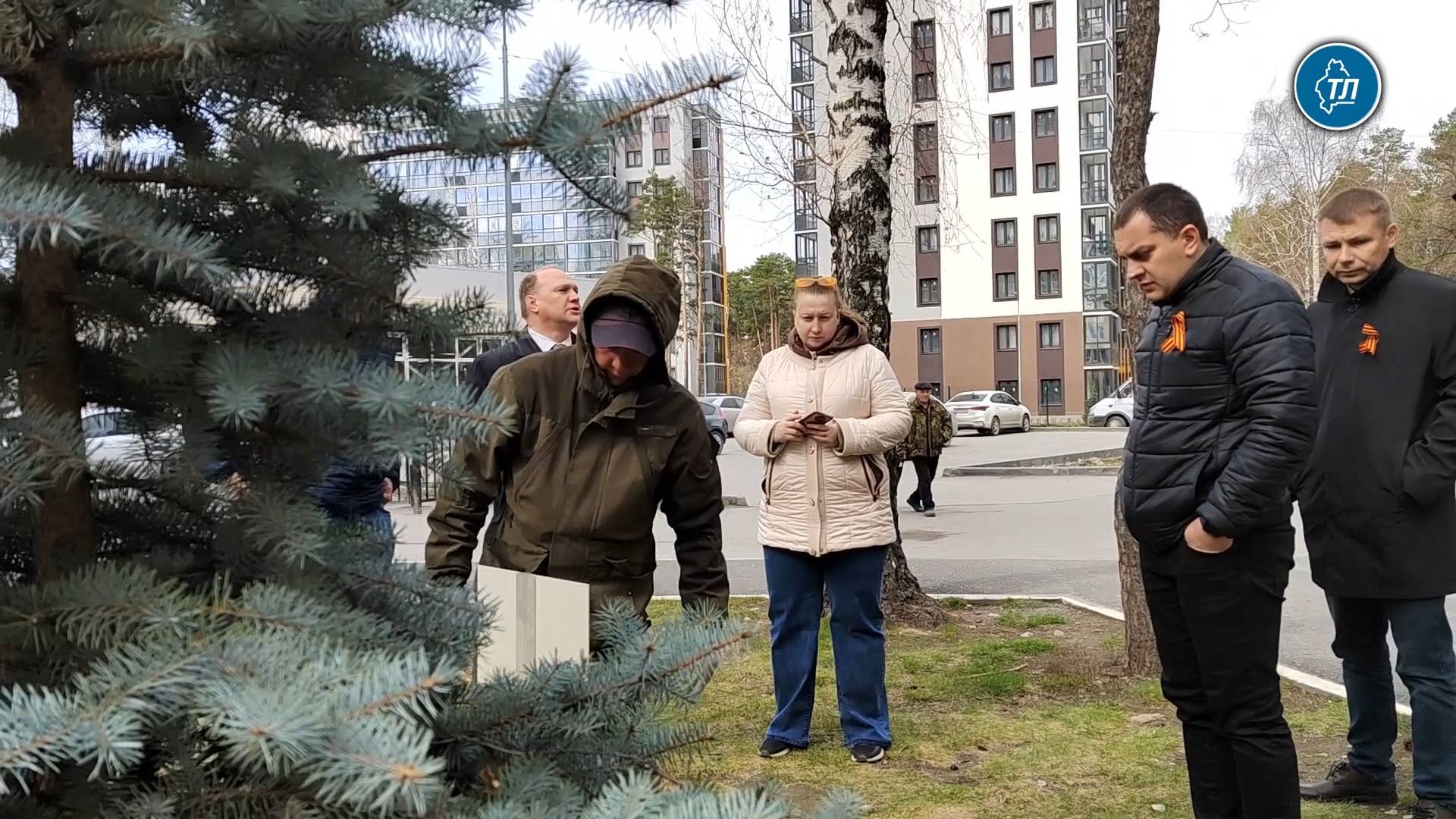 Именная голубая ель ветерана ВОВ Михаила Никишина на улице Парада Победы в Тюмени