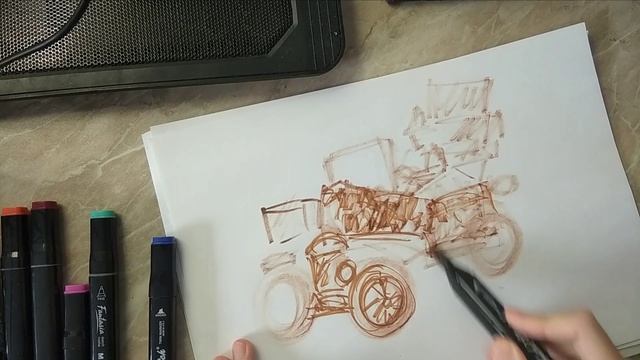 быстрый скетч маркером старинной машины ежедневное рисование