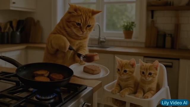 Mama Cat Goes Market to Buy Meat, Comes Home and Makes Beef Ramen for Kittens 🐾❤️