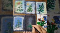 В лесу родилась ёлочка.The process of drawing ASMR a holiday tree on a textile card.