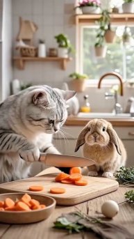 Котик спас кролика и покормил 😺🐇