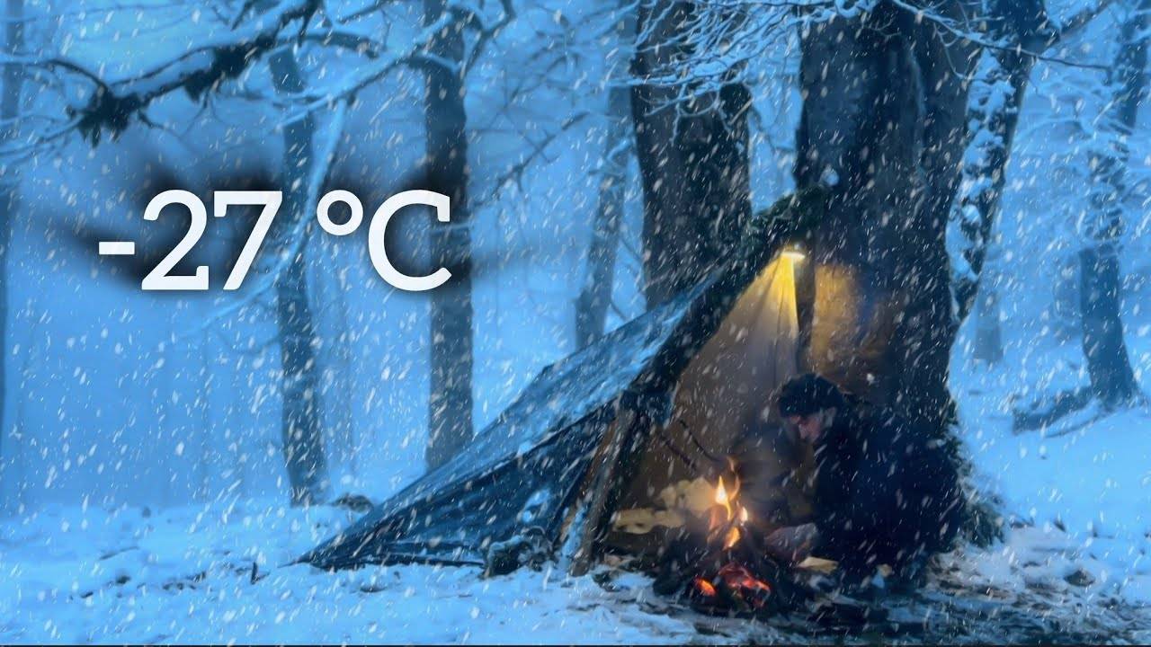 -27 °C Зимний кемпинг без палатки, сильный снегопад• Снежная буря ASMR