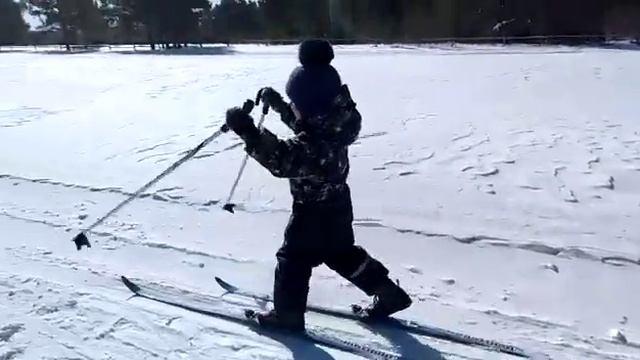 На лыжах.
