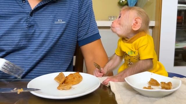 Обезьянка ВИЛКОЙ ест ЛУЧШИЙ ЯБЛОЧНЫЙ ПИРОГ Вкуснятина неимоверна Чмокает Запивает МЛОКОМ трубочкой С