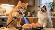Рыжий кот спасает и кормит маленького котика.