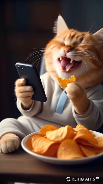 Рыжий котик ест чипсы и смотрит рился