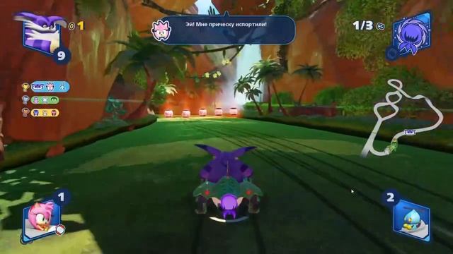 Всё таки победа, сложная гонка. Братуха играет в Team Sonic Racing 2019