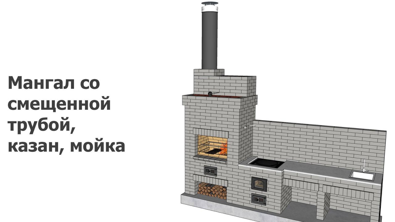 Мангал со смещенной трубой, казан, мойка